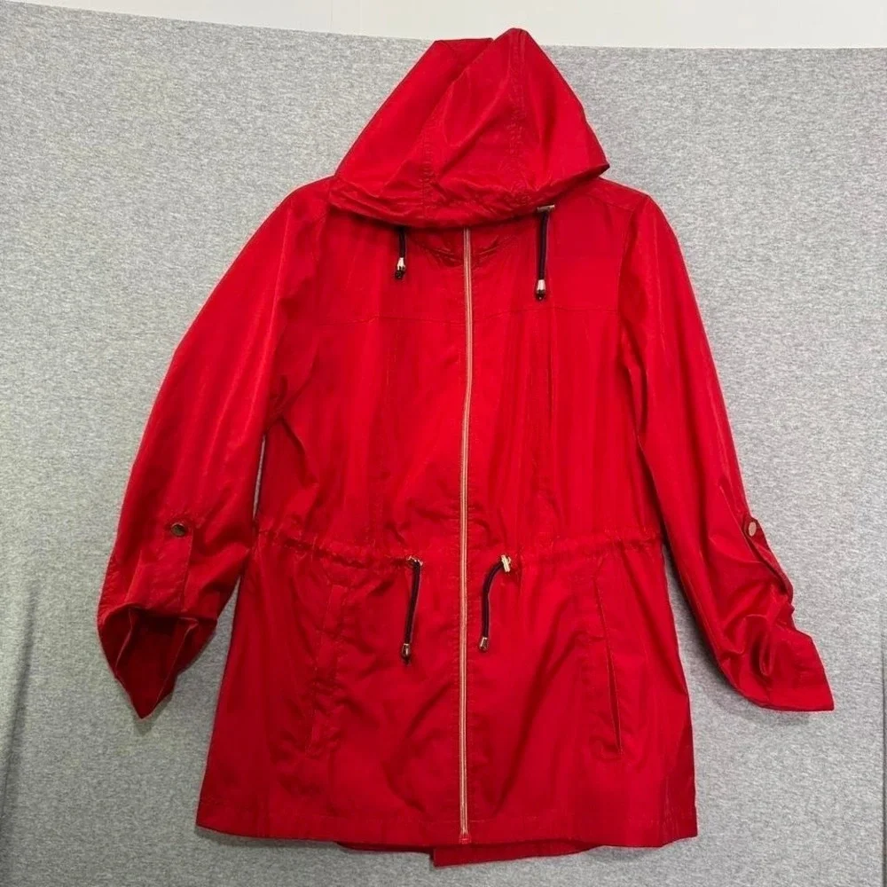 Susan Graver Red Hooded Jacket Sz XS Lightweight Cinch Windbreaker Rain Dopamine